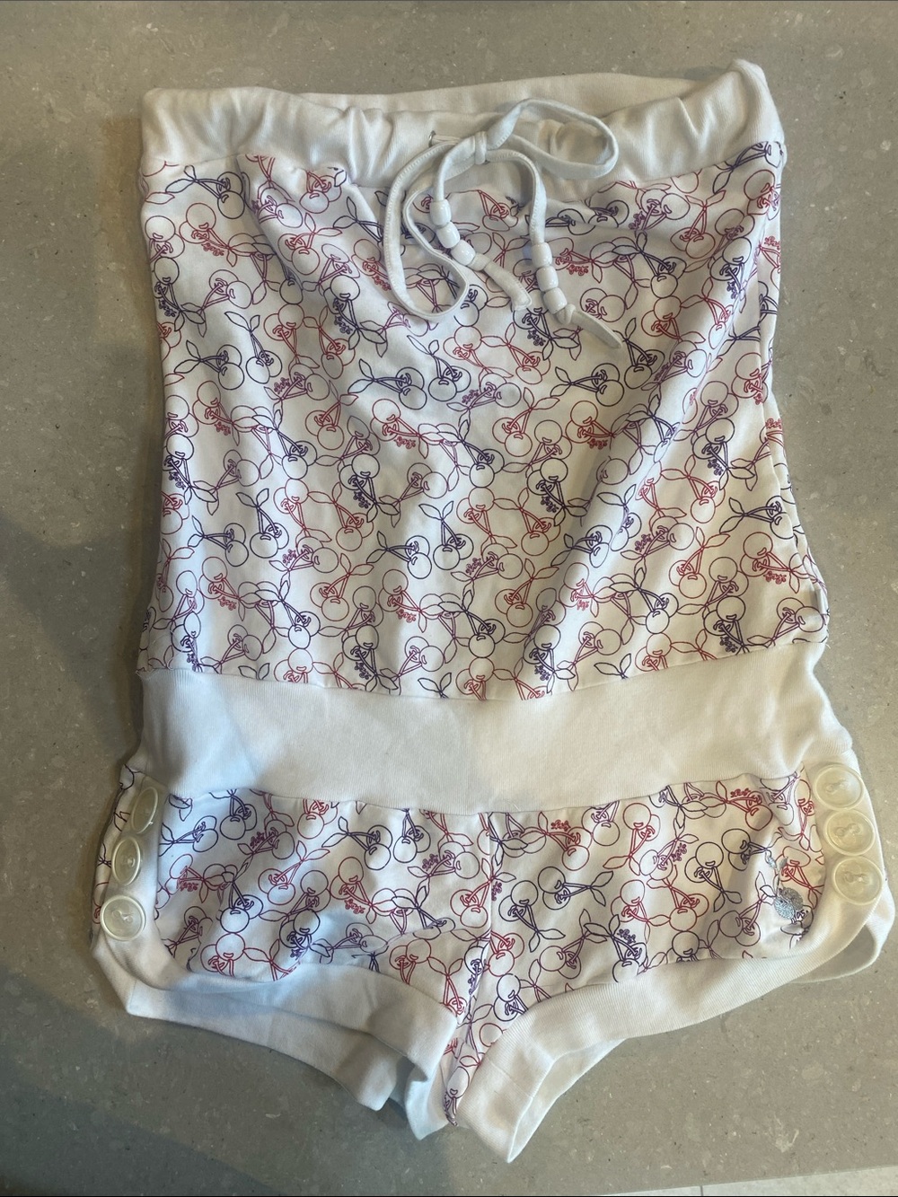 Cream Cherry-Print Short Romper with Drawstring